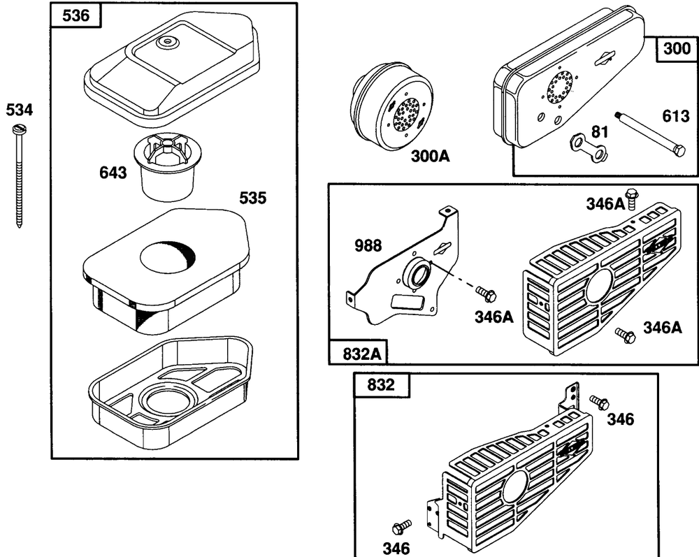 Mufflers And Air Cleaner Diagram and Parts List for 93902-3612-01  Briggs and Stratton Engine